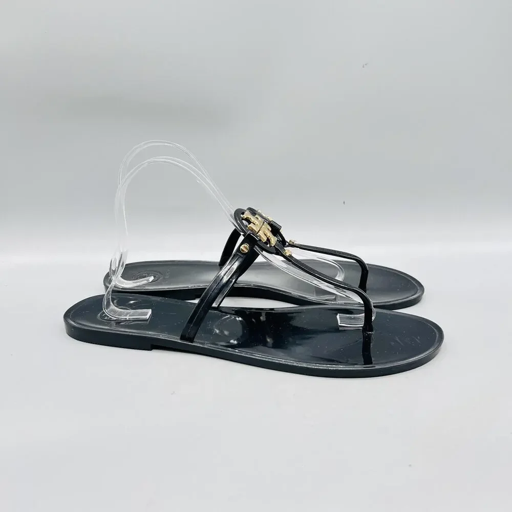 Tory Burch Sandals Womens 11 Black Rubber Jelly Thong Logo Medallion Shoes